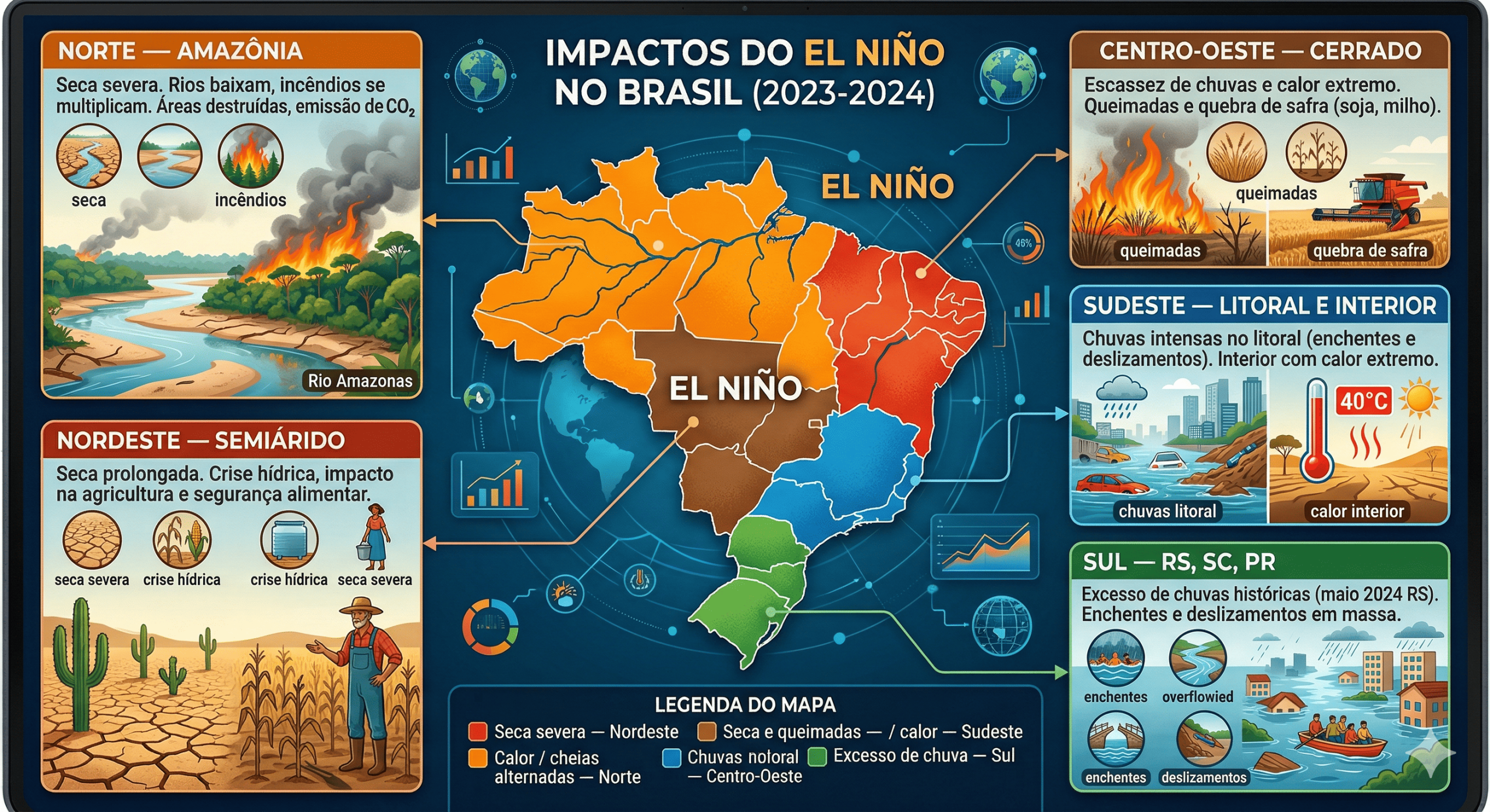 mapa do Brasil apontando os principais impactos do el nino por região do país